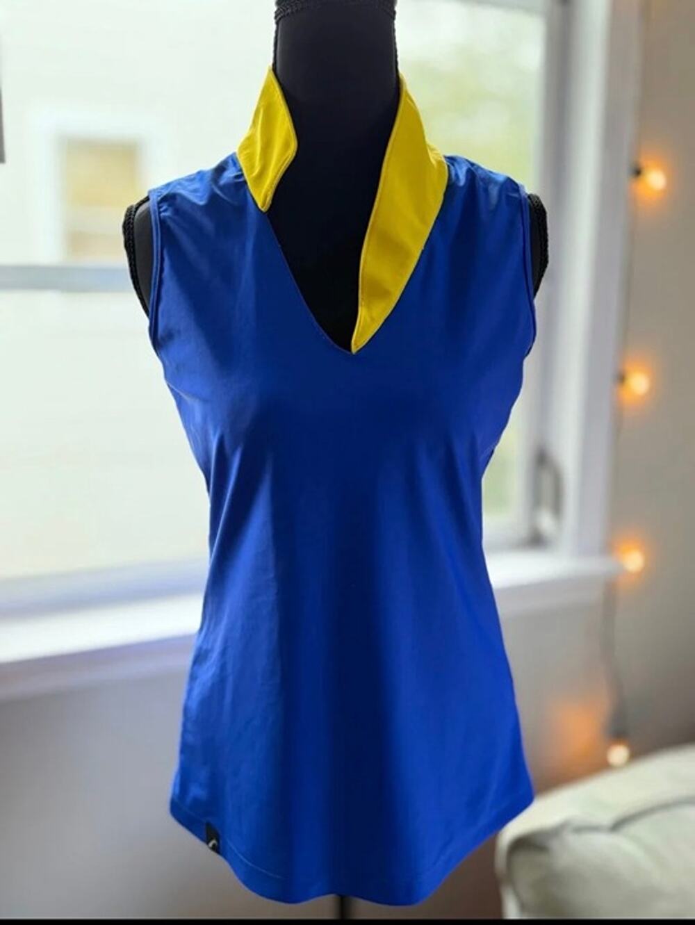 SwingDish Golf Tank Top Small Blue Yellow Sleeveless Performance Golf Tennis Pic